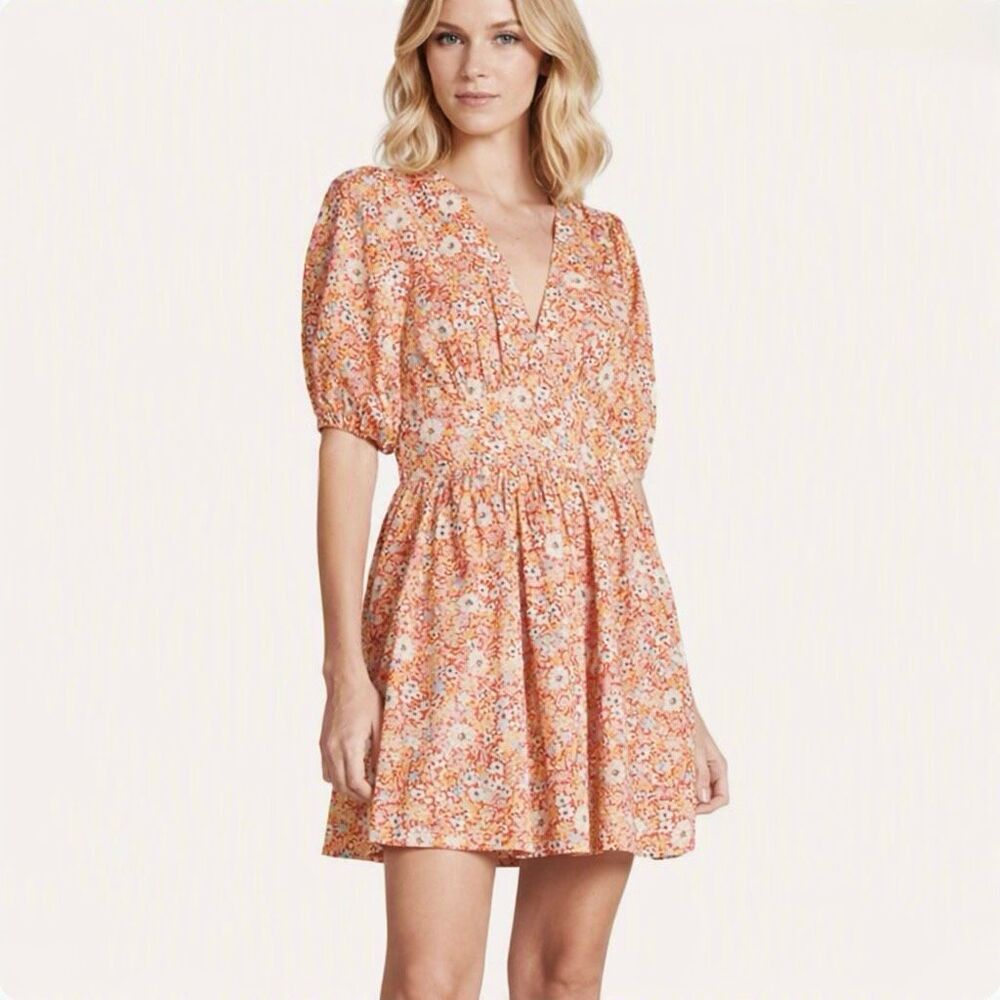 Trovata Gia Dress Autumn Floral Puff Sleeve Smocked Waist Boutique Style Size XS